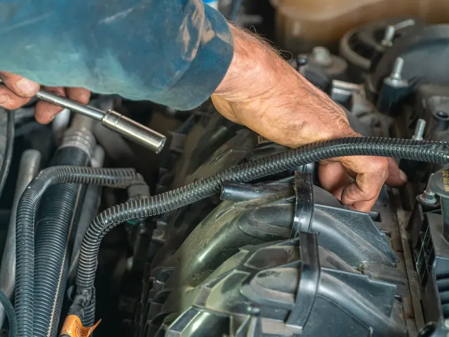 Mobile mechanic's hands working in a car engine bay with a socket wrench
