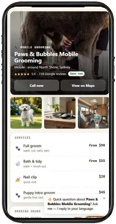 Example BookDone booking page for dog grooming on a phone