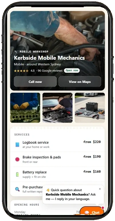 Example BookDone booking page for mobile mechanics on a phone